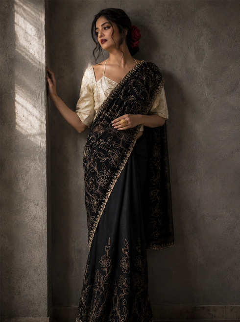 Midnight Black Floral Embroidered Designer Saree with Elegant Border