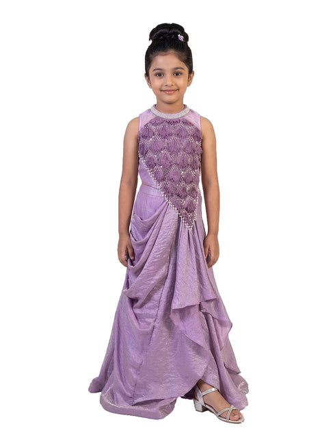 purple embellished party gown for girls with draped design synthetic kids ethnic dress