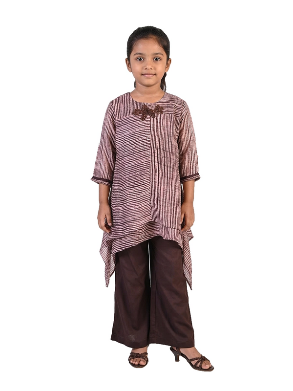 brown striped co ord set for girls with asymmetrical top and pants cotton slub casual kids outfit