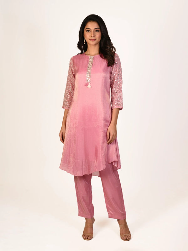 pink embellished co-ord set for women with kurta style top and straight pants elegant ethnic wear