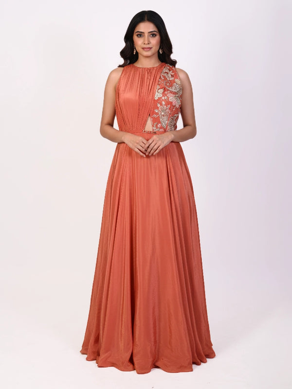 rust embellished indo western gown for women with flared silhouette and embroidered bodice party wear dress