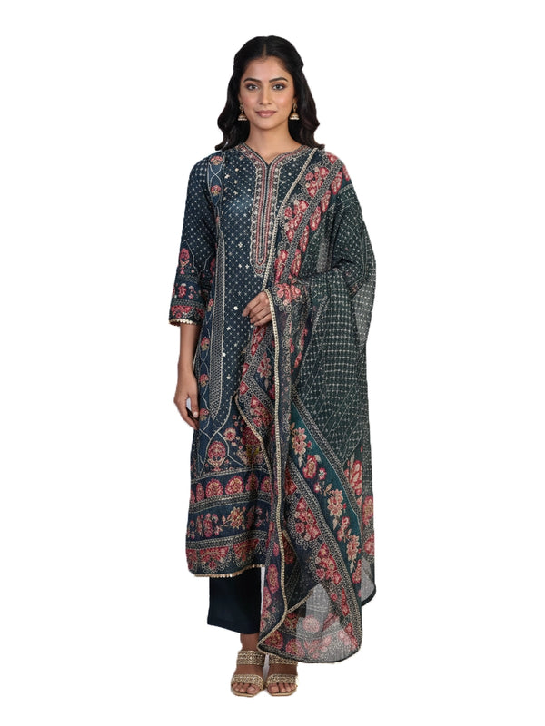 teal multi printed kurti set for women with floral design dupatta and straight pants ethnic wear