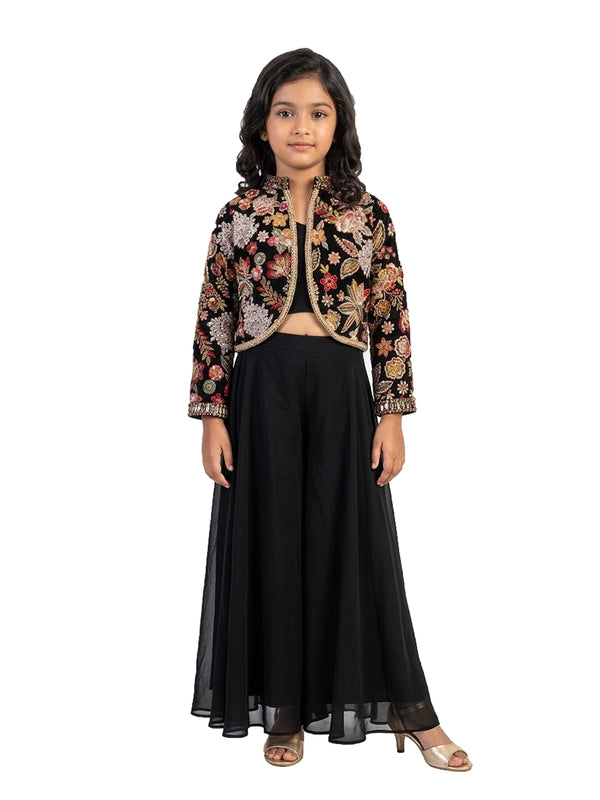 black embroidered indo western lehenga set for girls with jacket and skirt georgette party wear kids outfit