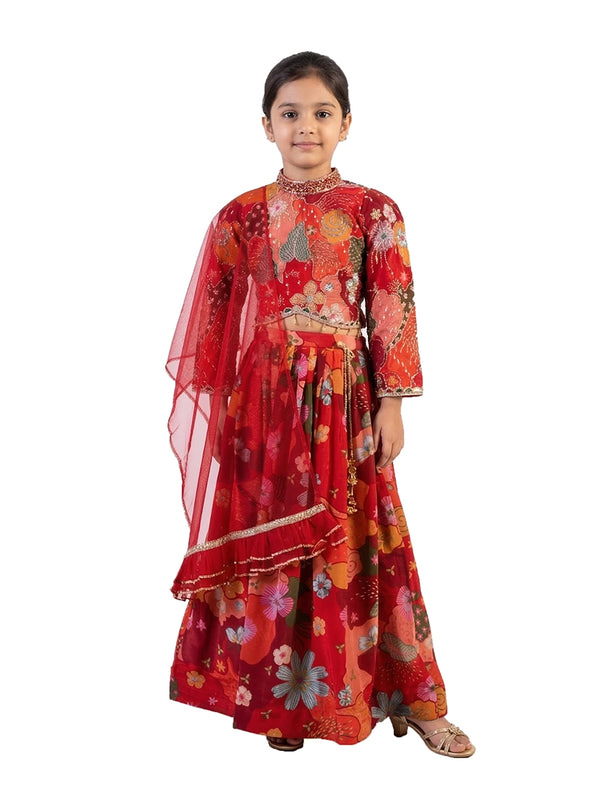 red floral printed lehenga choli for girls with dupatta satin silk party wear kids ethnic dress