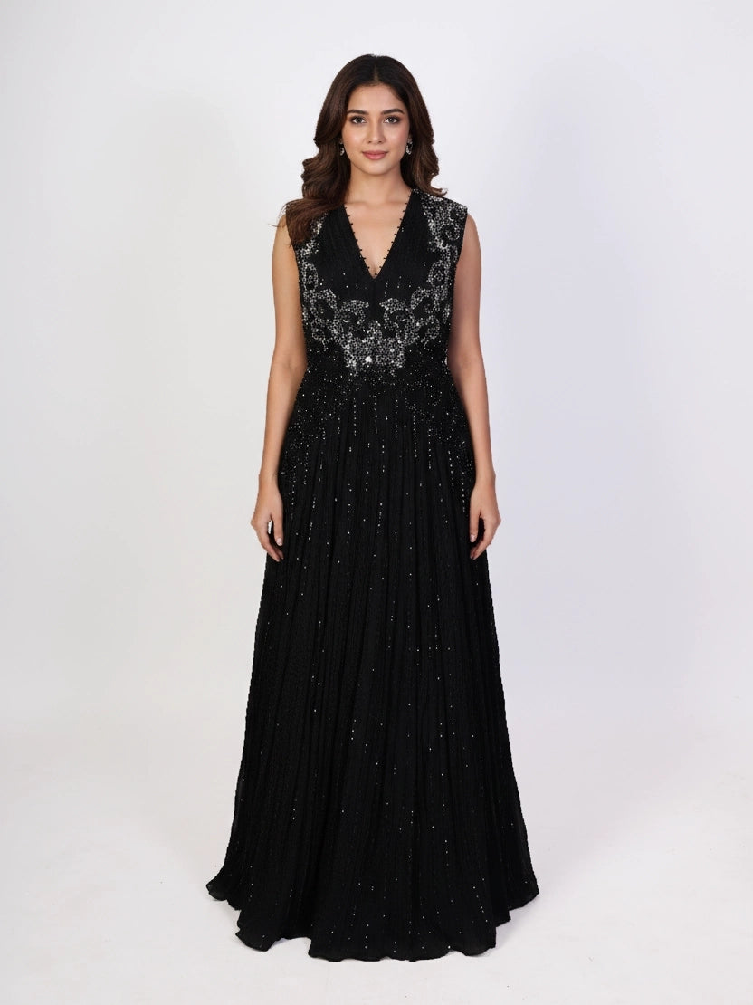 black western dress for women party wear Embellished Indo-Western Gown – SHREE SHIVAM side slit dress with denim jacket Flare Sleeves Black Corset Size:Medium 4-8