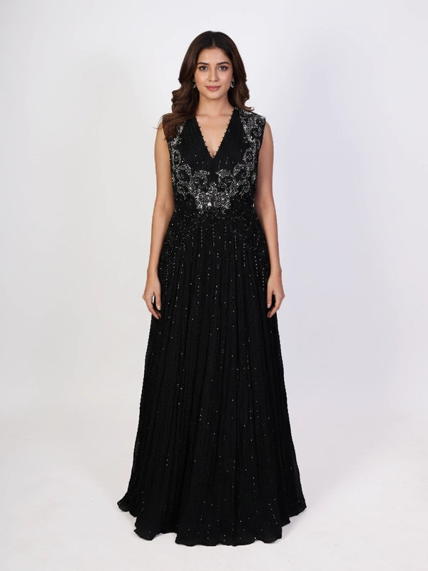 black embellished indo western gown for women with shimmer detailing and flared silhouette party wear dress