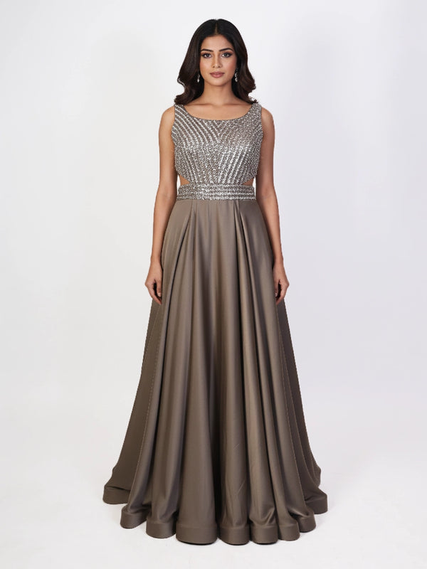 brown embellished indo western gown for women with flared silhouette and embellished bodice party wear dress