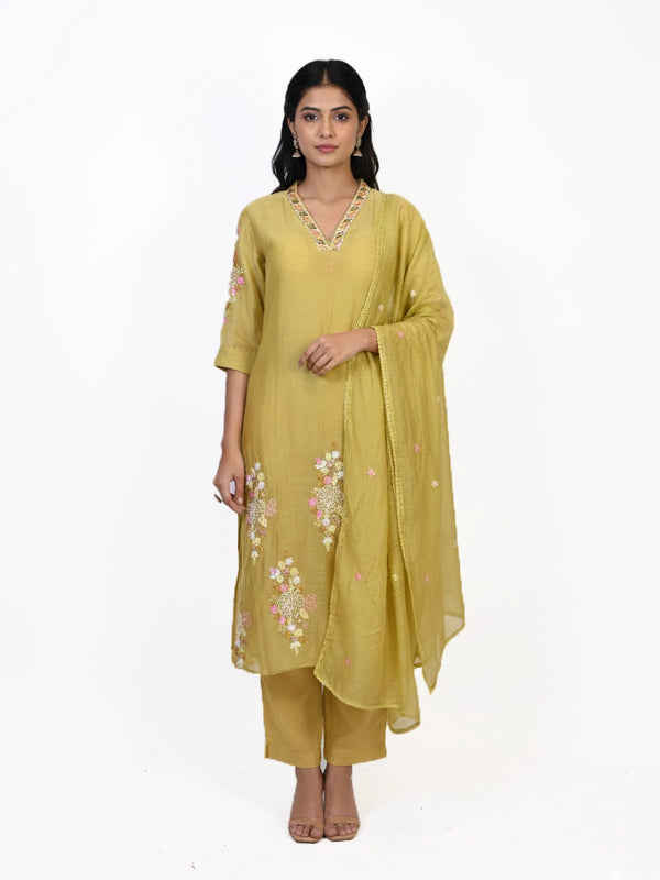 olive green floral embroidered kurti set for women with dupatta and straight pants elegant ethnic wear