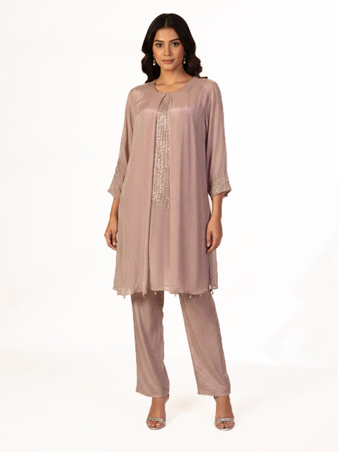 grey embellished co-ord set for women with kurta style top and straight pants elegant ethnic wear