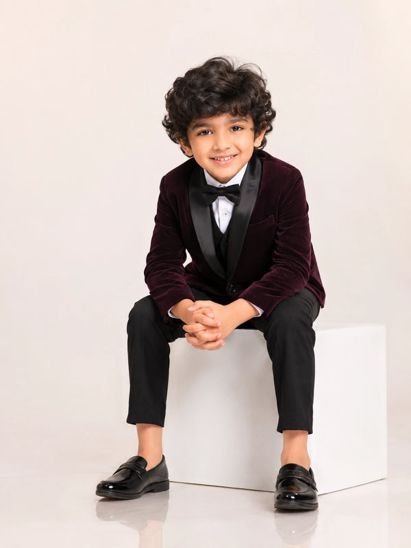 Boys Dark Purple Embroidered Waistcoat Suit