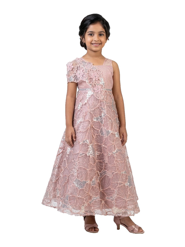peach embellished party gown for girls with floral lace design crepe satin kids dress