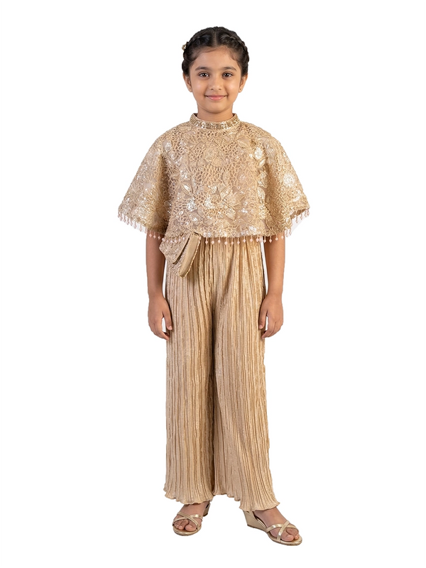 fawn embellished co ord set for girls with cape style top and pleated pants organza festive kids outfit