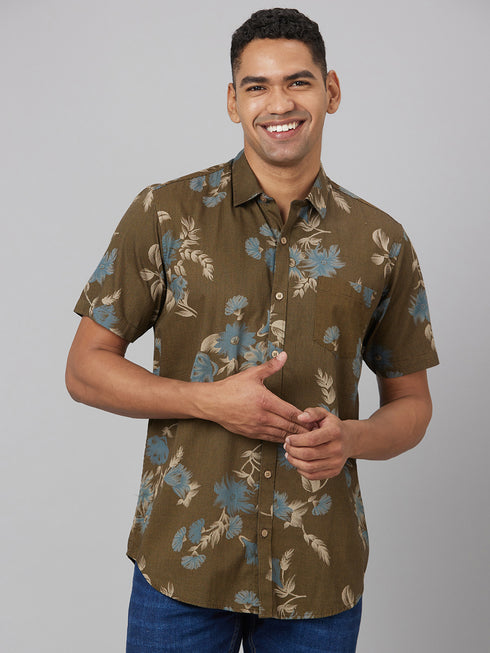 Men Olive Floral Print Sustainable Casual Shirt