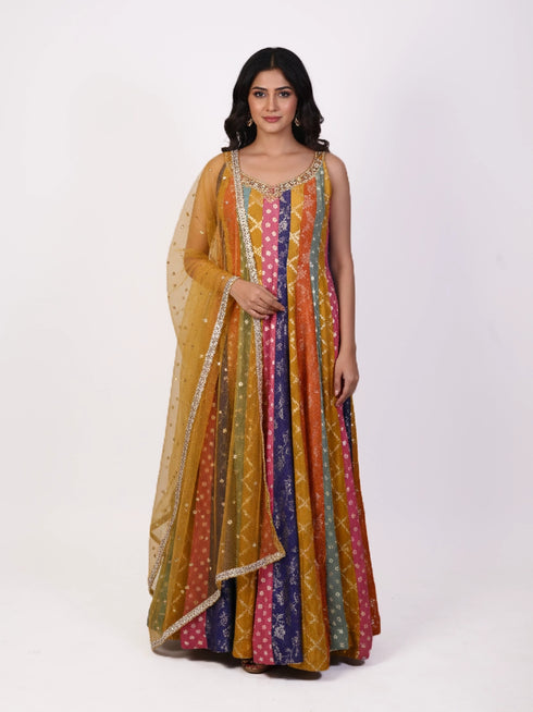 yellow multicolor embroidered indo western gown for women with dupatta and vertical panel design festive wedding wear