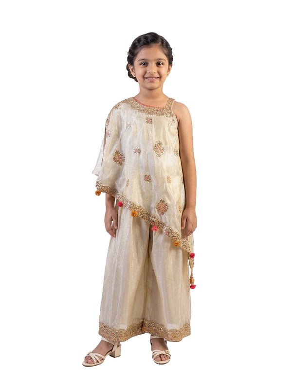 fawn embellished ethnic co ord set for girls with cape style top and pants tissue silk festive wear
