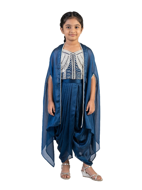 blue embellished ethnic co ord set for girls with cape style top and dhoti pants satin silk kids outfit