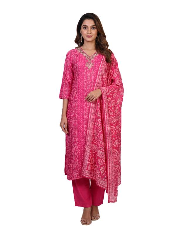 multi color printed kurti set for women with dupatta and straight pants pink tone ethnic wear