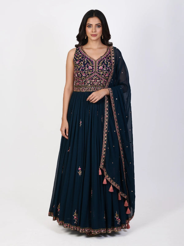 blue embroidered indo western gown for women with dupatta and heavy floral embroidery festive wedding wear