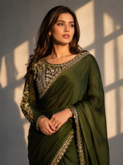 Emerald Green Embroidered Designer Saree with Elegant Blouse