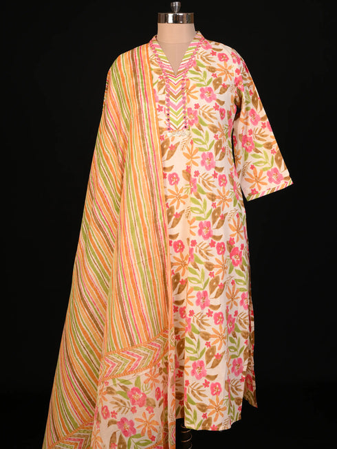 Pink Cotton Kurti set Mirror Work