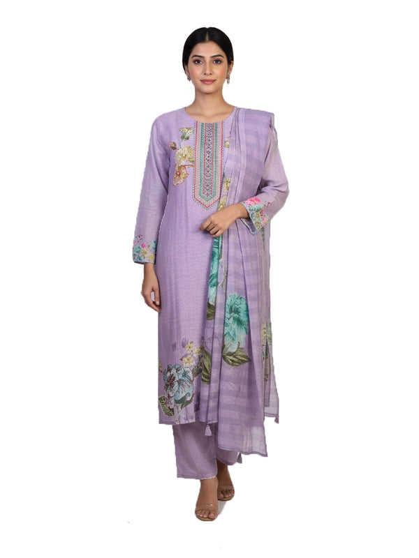 lavender purple floral printed kurti set for women with dupatta and straight pants elegant ethnic wear