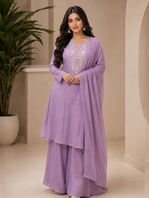 Beige Embroidered Sharara Set with Dupatta for Women