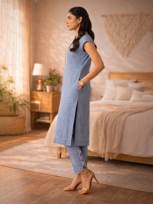 Blue Embellished Kurti with Pants for Women – Linen Blend Ethnic Wear