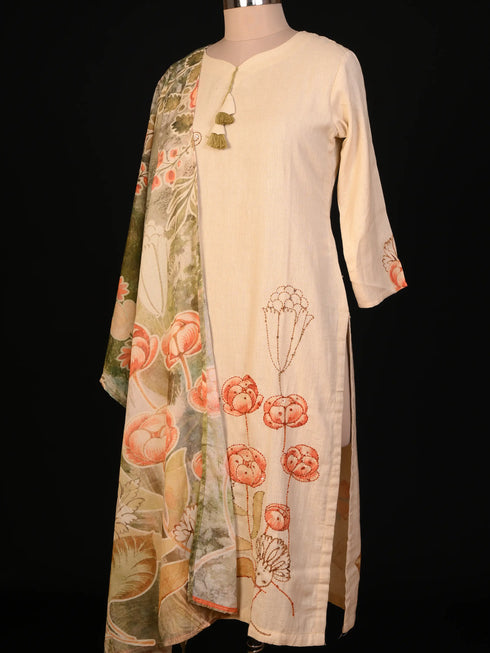 Beige Cotton Work with Thread Work