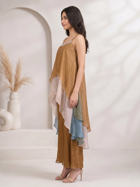 Elegant Brown Layered Chiffon Palazzo Suit with Sequined Neckline