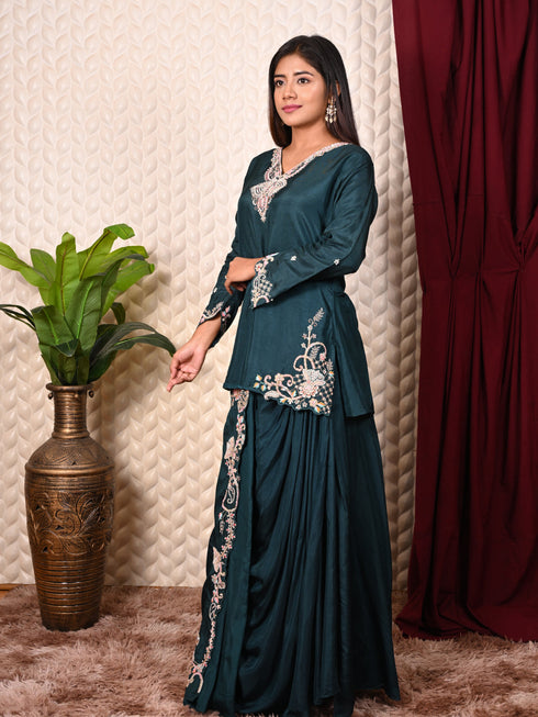 Blue indo-western set with Thread Work