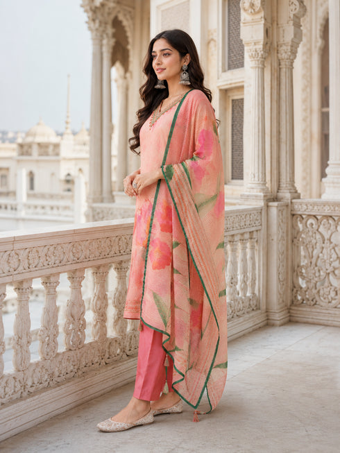Elegant Pink Floral Print Kurta Set with Matching Pants