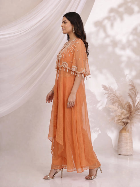 Elegant Orange Embellished Cape and Pants Set