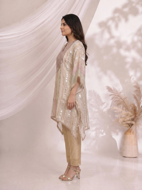 Elegant Beige Striped Kaftan Top with Mirror Work Neckline