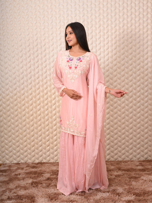 Pink Chinon Kurti Set With Kardana Work