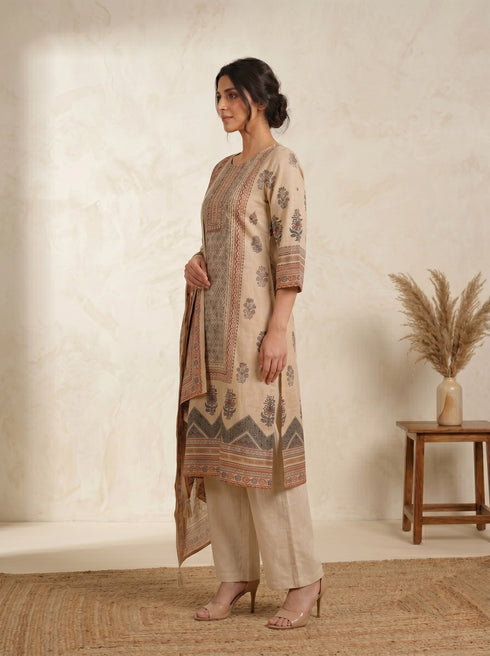 Elegant Beige Printed Kurti and Pants Set with Scarf