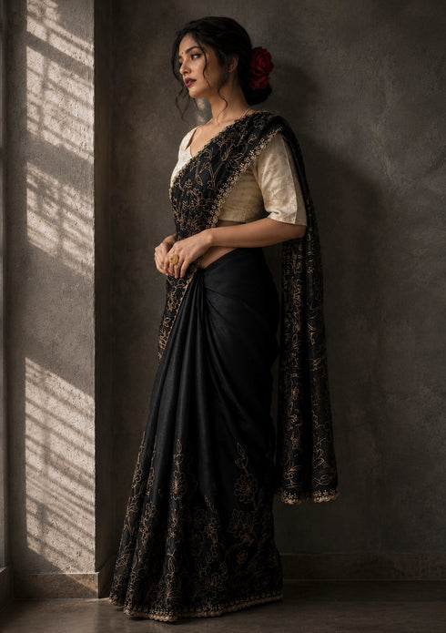 Midnight Black Floral Embroidered Designer Saree with Elegant Border