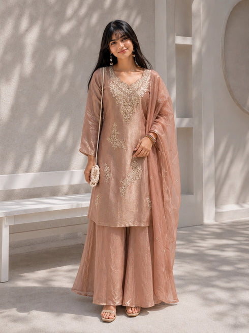 Pink Embroidered Kurta Set with Flared Palazzo & Embellished Dupatta