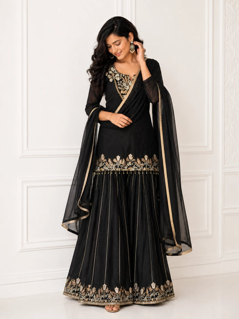Black Embroidered Sharara Set with Dupatta for Women