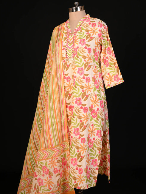 Pink Cotton Kurti set Mirror Work