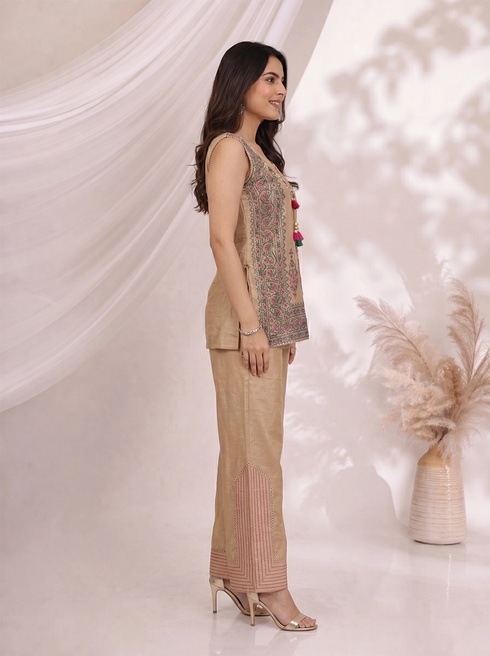 Beige Printed Kurti Set with Embroidered Neckline & Kurti Pants