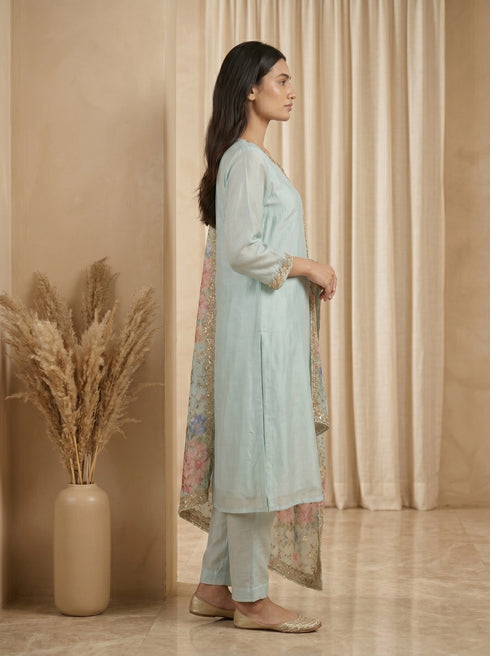 Elegant Sky Blue Kurta Set with Floral Print Dupatta