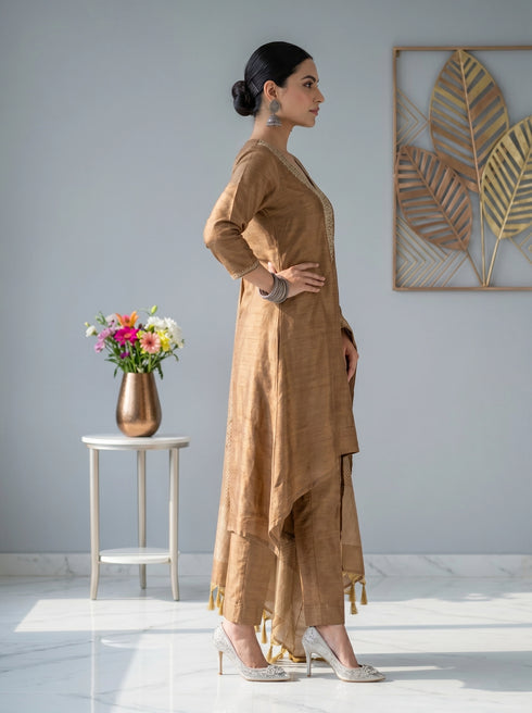Elegant Golden Embroidered Kurta Set with Dupatta
