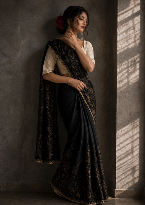 Midnight Black Floral Embroidered Designer Saree with Elegant Border