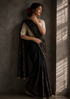 Midnight Black Floral Embroidered Designer Saree with Elegant Border