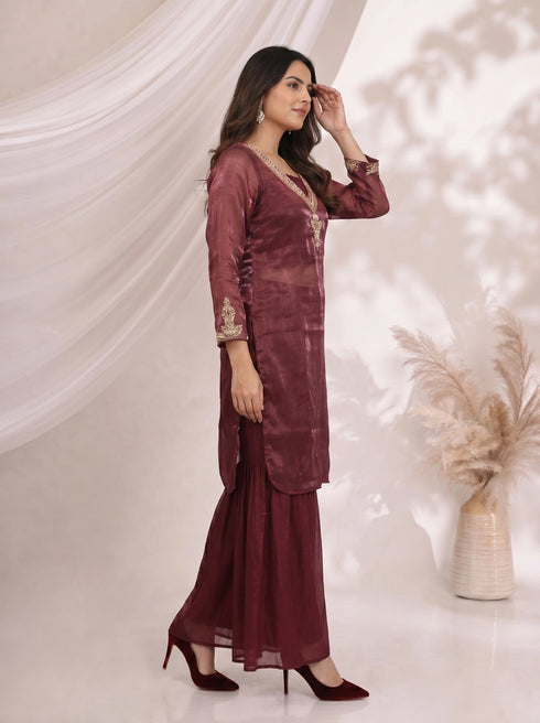 Elegant Maroon Embroidered Kurta and Sharara Set
