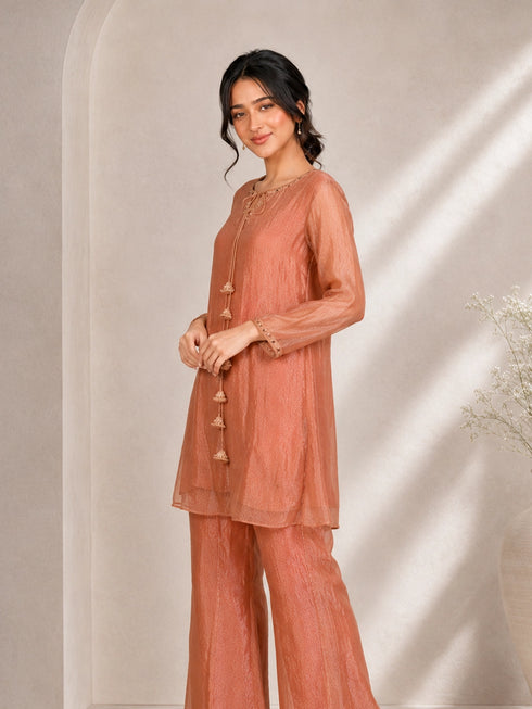 Elegant Peach Embroidered Kurta with Tassel Detail