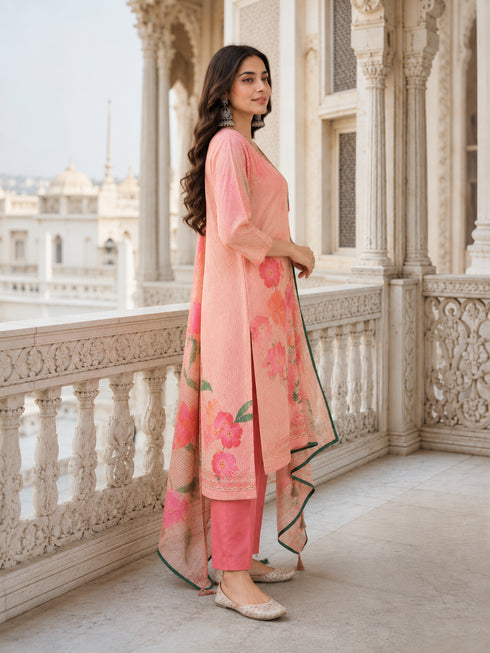Elegant Pink Floral Print Kurta Set with Matching Pants