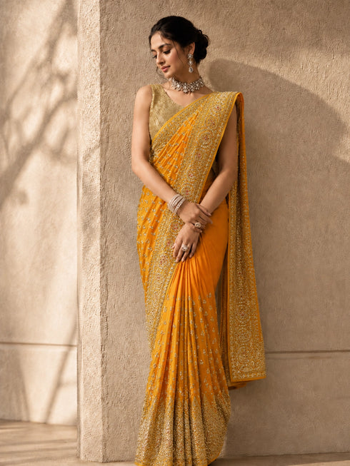 Mustard Yellow Hand Embroidered Designer Saree