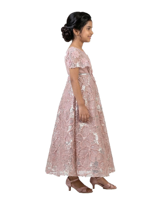 peach embellished party gown for girls with floral lace design crepe satin kids dress