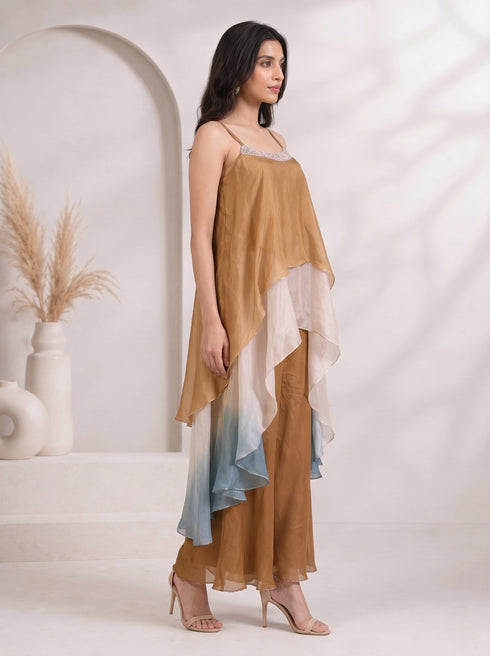 Elegant Brown Layered Chiffon Palazzo Suit with Sequined Neckline